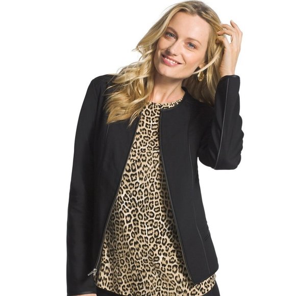 Chico's FAUX LEATHER TRIM City Chic Sophisticated Seamed Jacket 1 10 - Picture 2 of 5